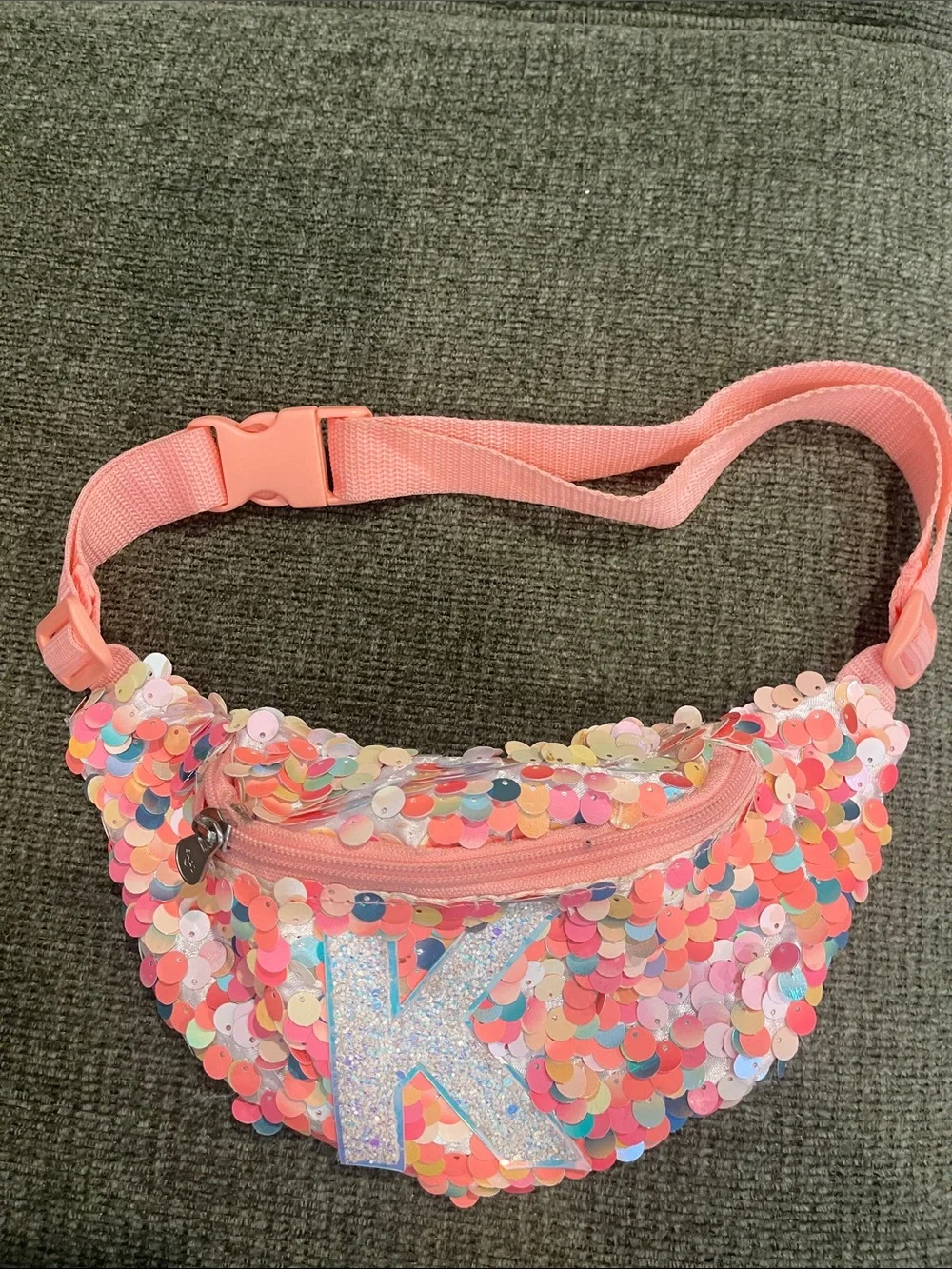 Justice-Kids Pink/Peach Sequin Fanny Pack with Glitter Initial K